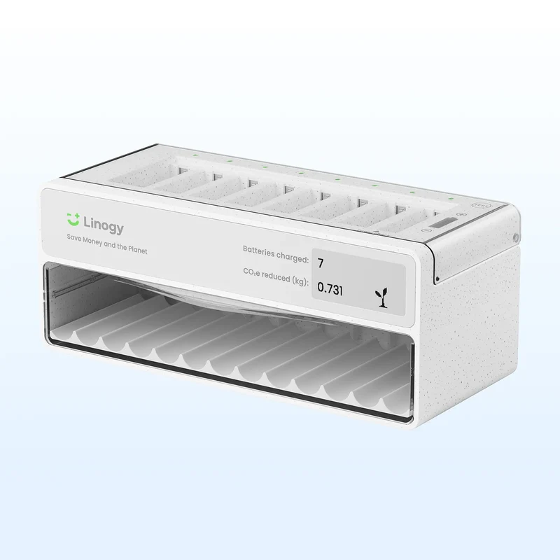 Linogy 8-Slot AA AAA Rechargeable Battery Charger with Tester and Storage Drawer, 3-Hour Fast Charging Station for Lithium, NiMH and NiCd Batteries