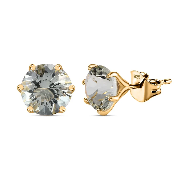 120 Facetten Prasiolith Ohrringe, 925 Silber Gelbgold Vermeil, ca. 4.12 ct