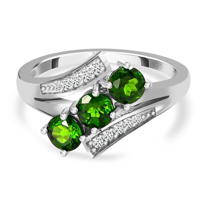 Natürlicher Chromdiopsid, weißer Zirkon Ring, 925 Silber platiniert , ca. 1,32 ct