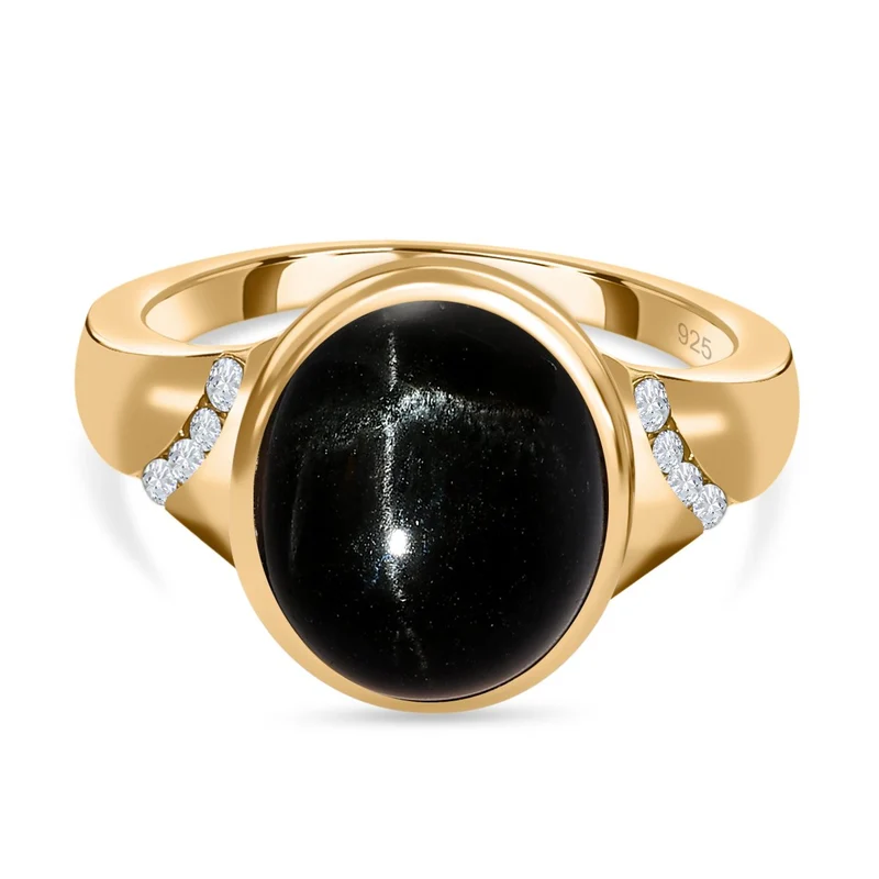 Schwarzer Stern Diopsid, weißer Zirkon Ring, 925 Silber vergoldet ca. 7,05 ct
