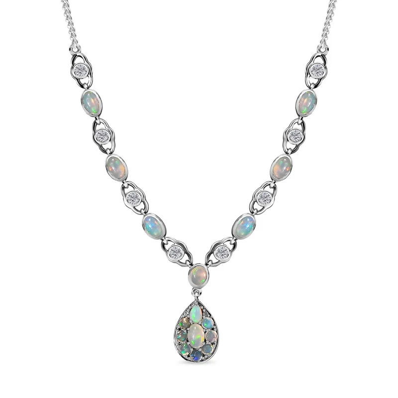 Natürlicher, äthiopischer Welo Opal Halskette ca. 45 cm 925 Silber platiniert ca. 4.35 ct