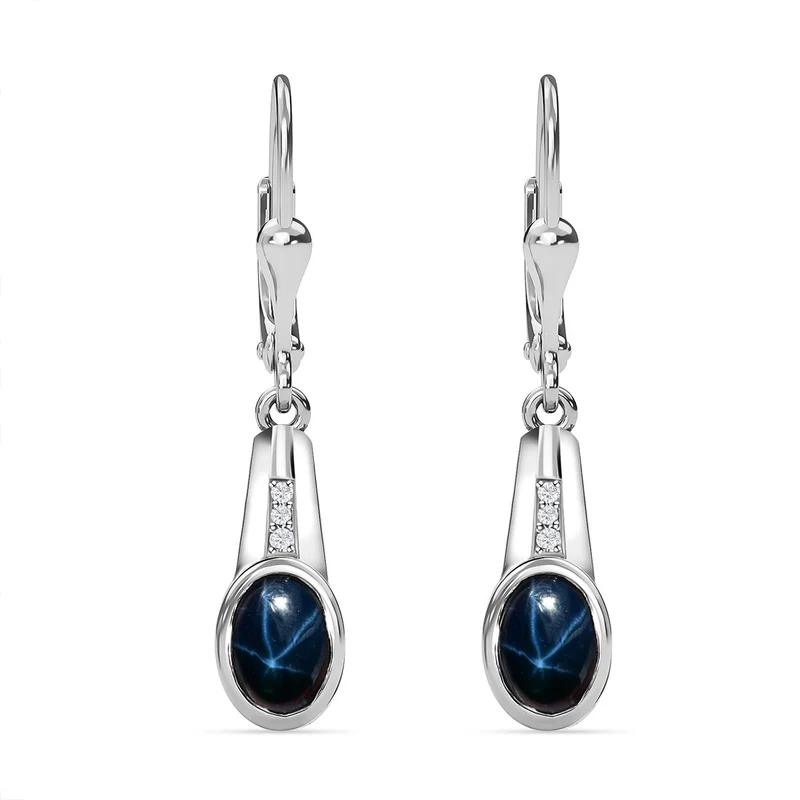 Blauer Stern Saphir (Diffundierter), Weißer Zirkon Ohrringe, 925 Silber platiniert ca. 2.72 ct