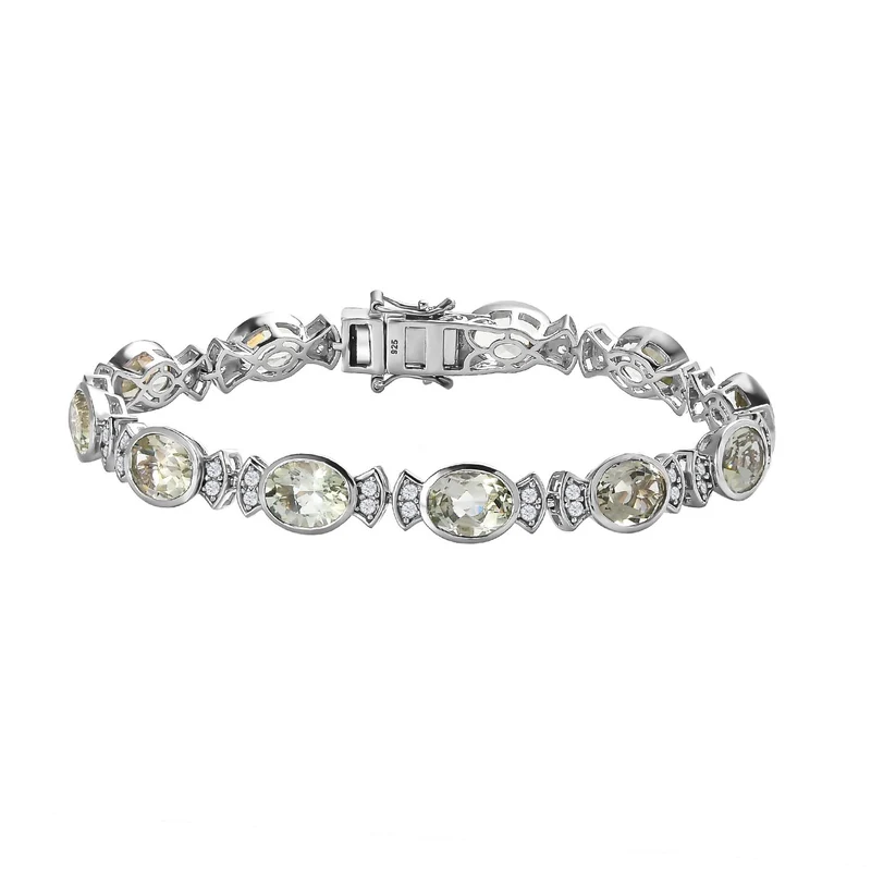 Prasiolith, weißes Zirkon Armband, ca. 19 cm, 925 Silber platiniert ca. 20.99 ct