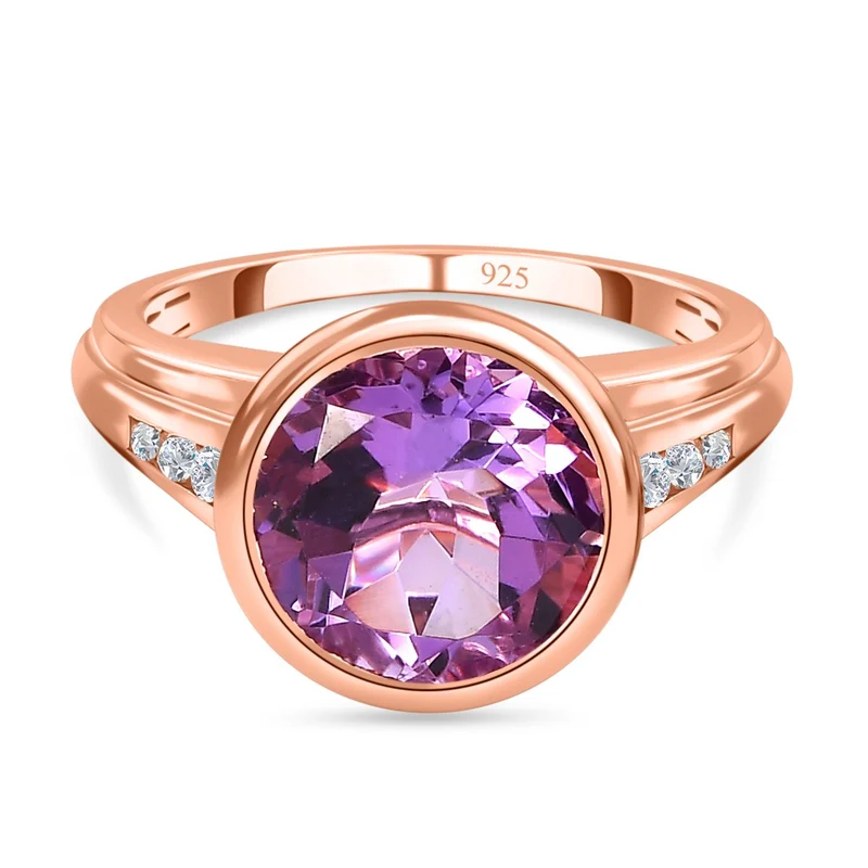 Rose de France Amethyst, weißer Zirkon Ring, 925 Silber rosévergoldet ca. 4.99 ct