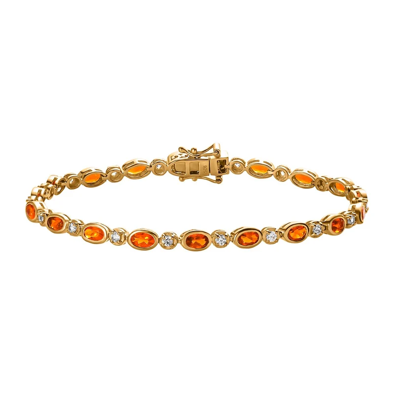 Salamanca Feueropal, weißes Zirkon Armband, ca. 19 cm, 925 Silber vergoldet, ca. 3.49 ct