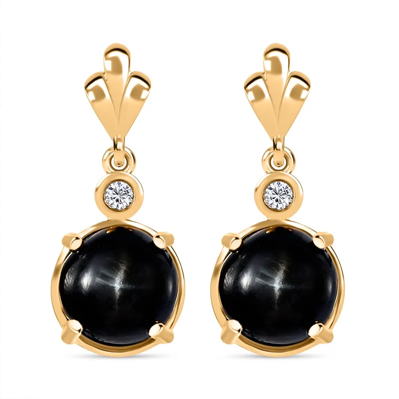 Schwarze Stern Diopsid, Weiße Zirkon Ohrringe, 925 Silber vergoldet ca. 6.04 ct