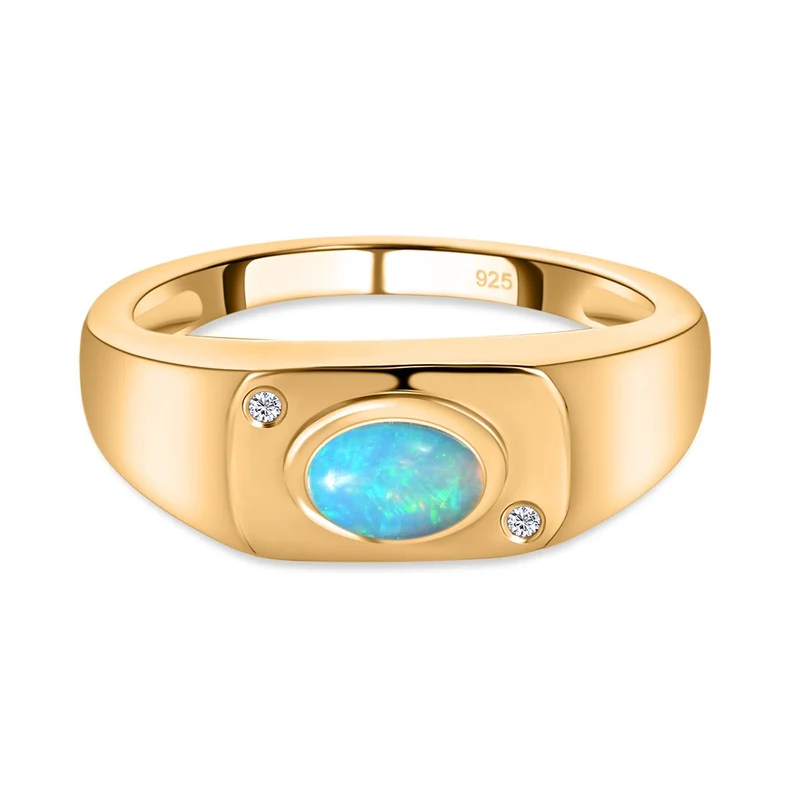 Natürlicher, äthiopischer Welo Opal, weißer Zirkon Ring, 925 Silber vergoldet ca. 0.54 ct