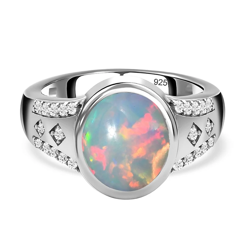 Natürlicher, äthiopischer Welo Opal und weißer Zirkon Ring, 925 Silber platiniert (Größe 17.00) ca. 2,27 ct