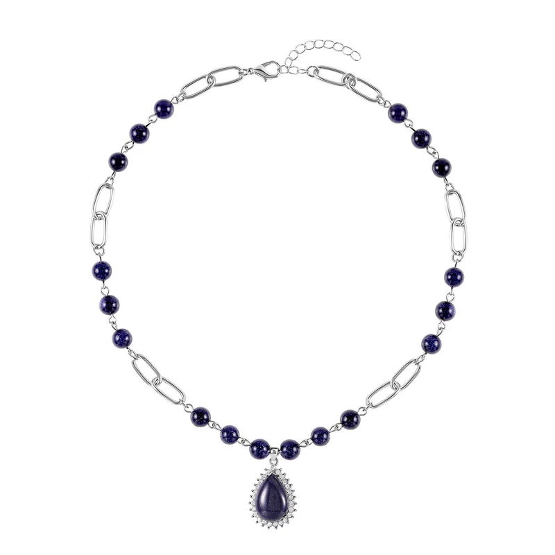Blaues Sandstein Collier, ca. 45 cm, silberfarben ca. 83.00 ct