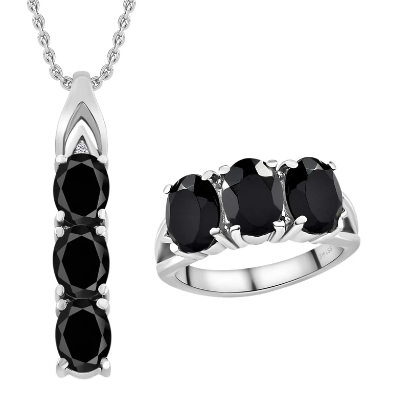 2er Set - Schwarzer Spinell Anhänger mit Kette und Ring, Edelstahl ca. 10.12 ct
