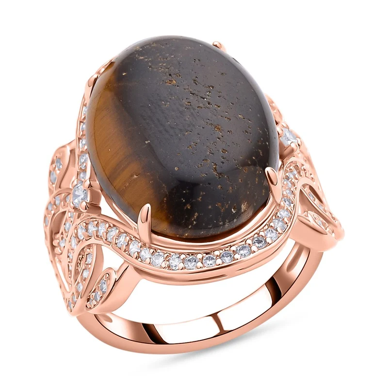 Gelbes Tigerauge, weißer Zirkon Ring, Messing ca. 13,05 ct