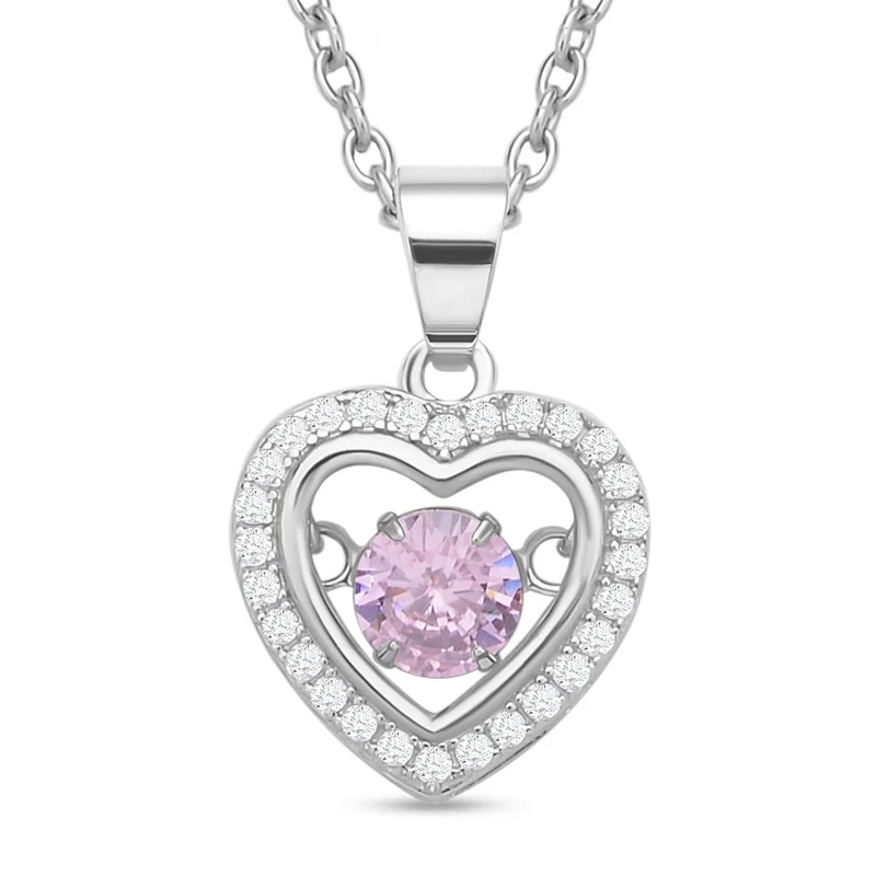 Rosa und weißer Zirkonia im herzförmigem Anhänger mit Kette, 925 Silber rhodiniert und Edelstahl, ca. 1.02 ct