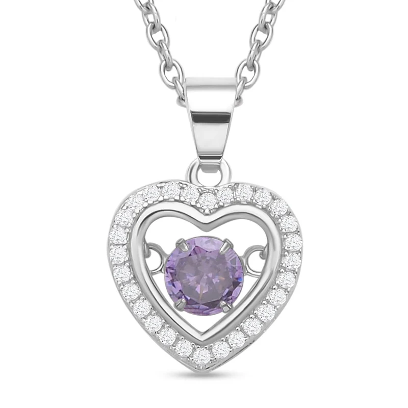 Lila und weißer Zirkonia im herzförmigem Anhänger mit Kette, 925 Silber rhodiniert und Edelstahl, ca. 1.02 ct
