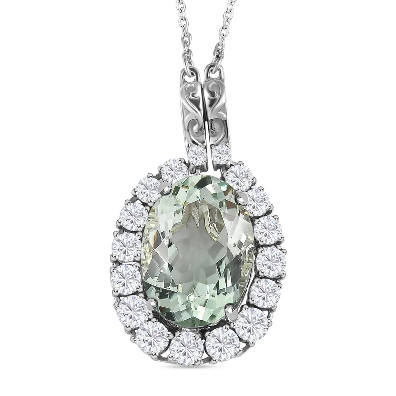 Prasiolith, weißer Zirkon Anhänger mit Kette, ca. 50 cm, 925 Silber platiniert ca. 15.10 ct