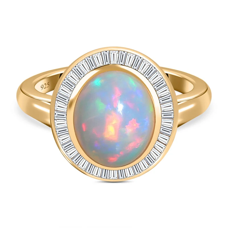 Natürlicher, äthiopischer Welo Opal, weißer Diamant Ring, 925 Silber Gelbgold Vermeil, , ca. 2.68 ct