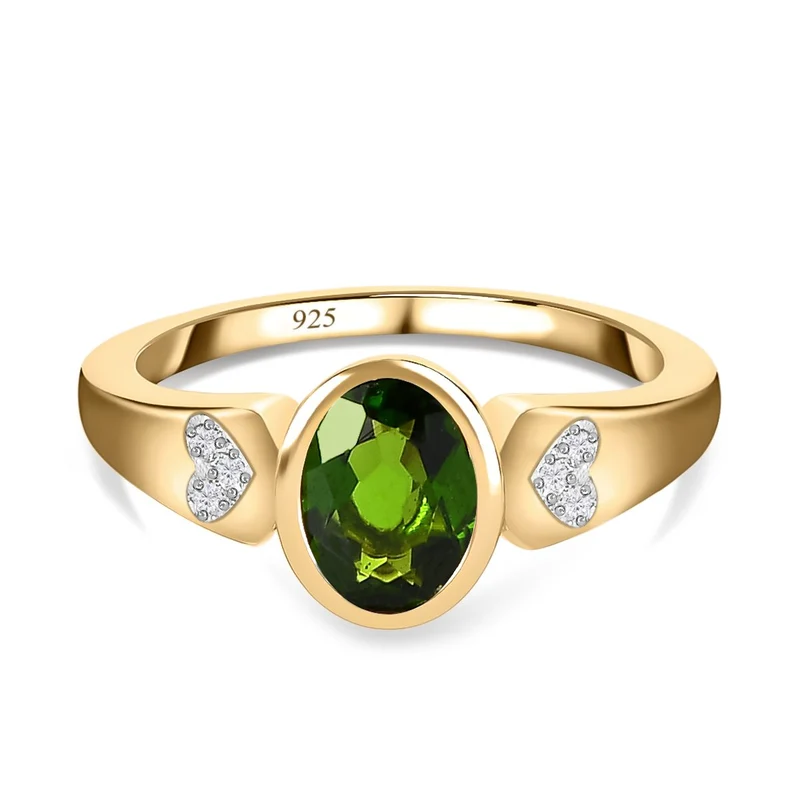 Natürlicher Chromdiopsid, weißer Zirkon Ring, 925 Silber vergoldet ca. 1.36 ct