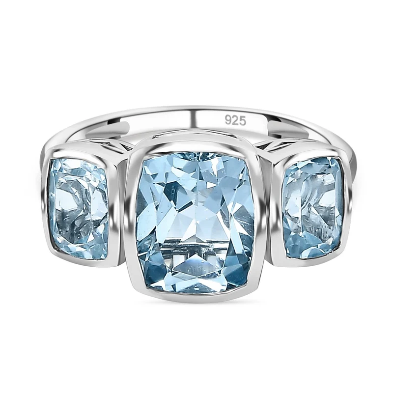 Himmelblauer Topas Ring mit Cushion Schliff, 925 Silber platiniert , ca. 5.52 ct