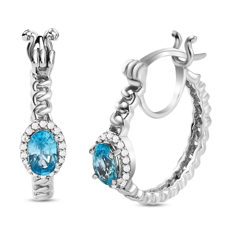 Kambodschanischer, blauer und weiße Zirkon-Creolen, 925 Silber platiniert ca. 1.65 ct
