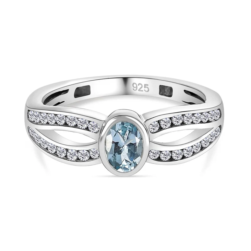 Espirito Santo Aquamarin und weißer Zirkon Ring, 925 Silber platiniert ca. 1.04 ct