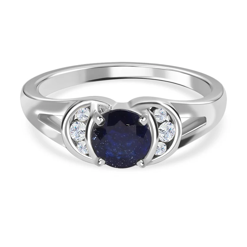 Masoala Saphir (Fissure gefüllt), weißer Zirkon Ring, 925 Silber platiniert ca. 1.43 ct