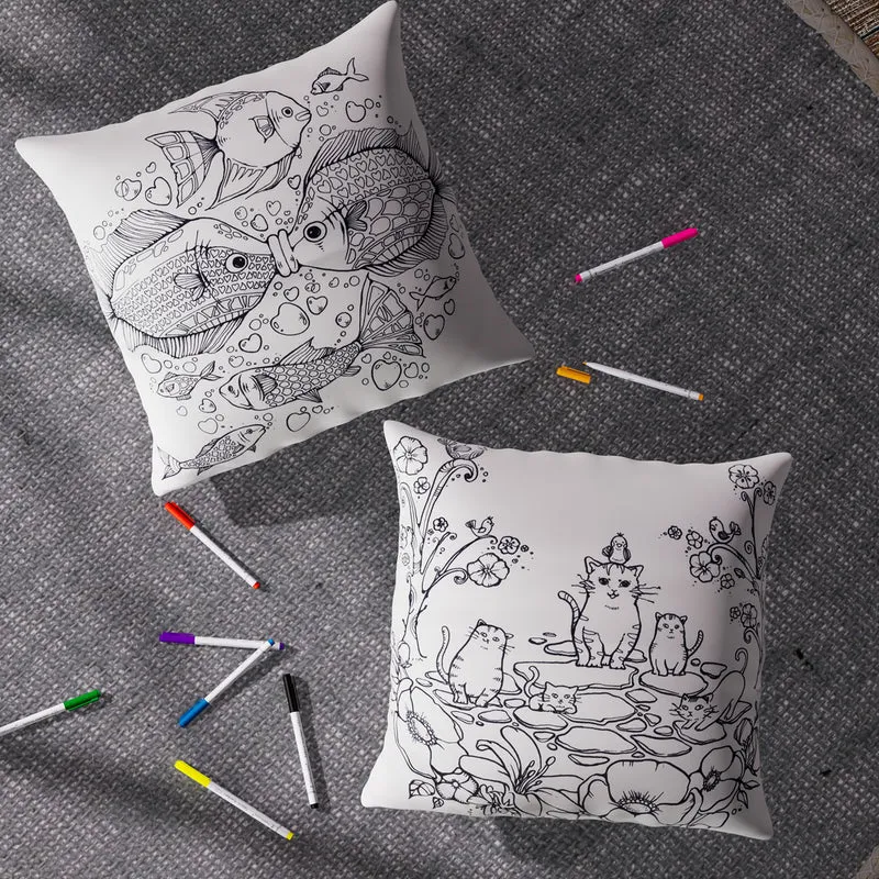 2er Set DIY Malen: Kissenbezug mit 8 Wasserfarbstiften, 45x45 cm, Fisch und Katze