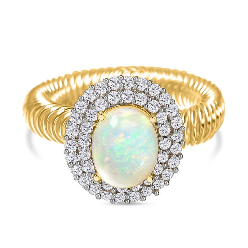 Natürlicher, äthiopischer Opal und Zirkon Halo-Ring, 925 Silber Gelbgold Vermeil ca. 2,73 ct