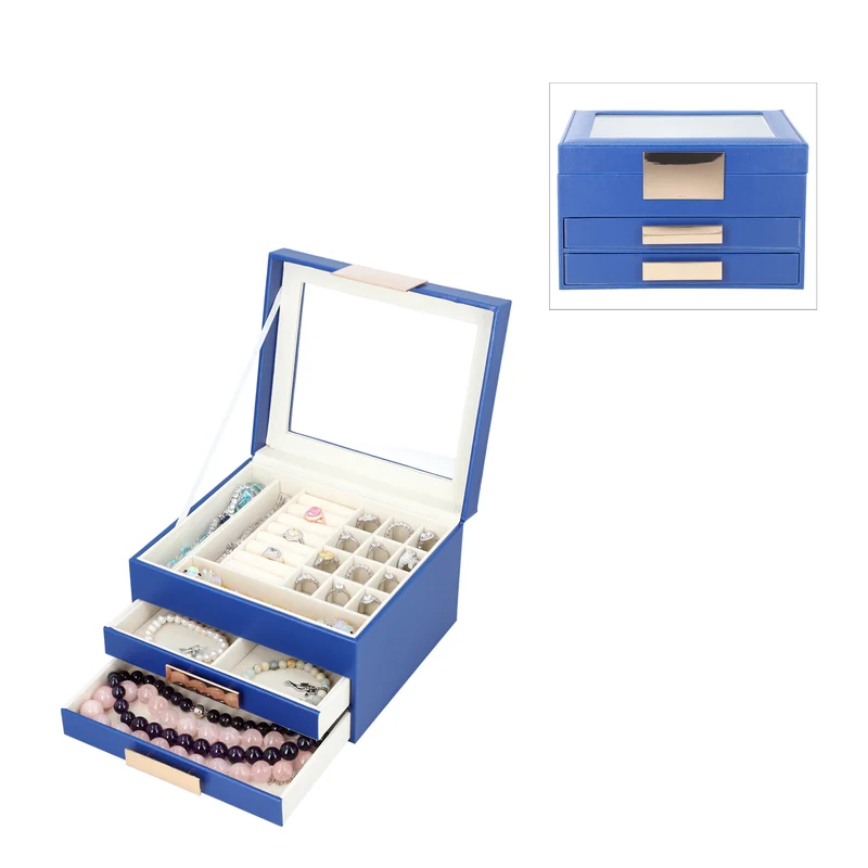 Schmuckschatulle aus Kunstleder mit Glasdeckel, Anti-Anlauf-Futter, Grau