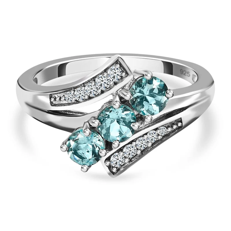 Paraiba-Apatit, weißer Zirkon Ring, 925 Silber platiniert ca. 1.08 ct