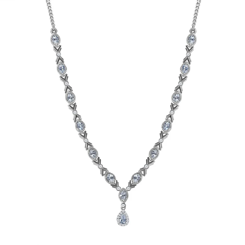Espirito Santo Aquamarin und Weißer Zirkon Collier, ca. 45 cm 925 Silber platiniert ca. 4.90 ct