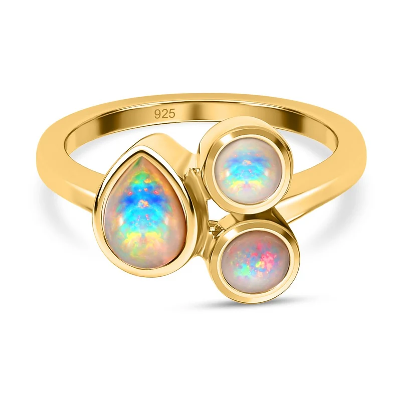 Natürlicher, äthiopischer Welo Opal Ring, 925 Silber vergoldet ca. 0.87 ct
