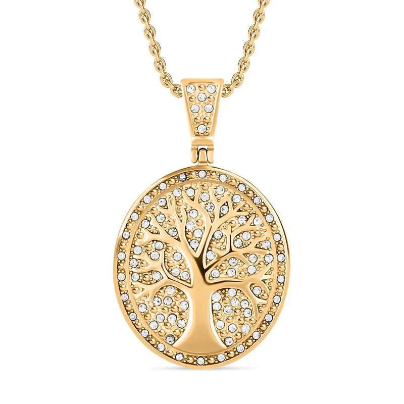 Lebensbaum-Anhänger weißer Kristall mit Kette, goldfarben