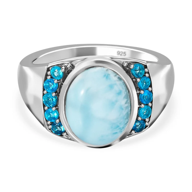 Larimar, Neon Apatit Ring 925 Silber platiniert ca. 5.83 ct