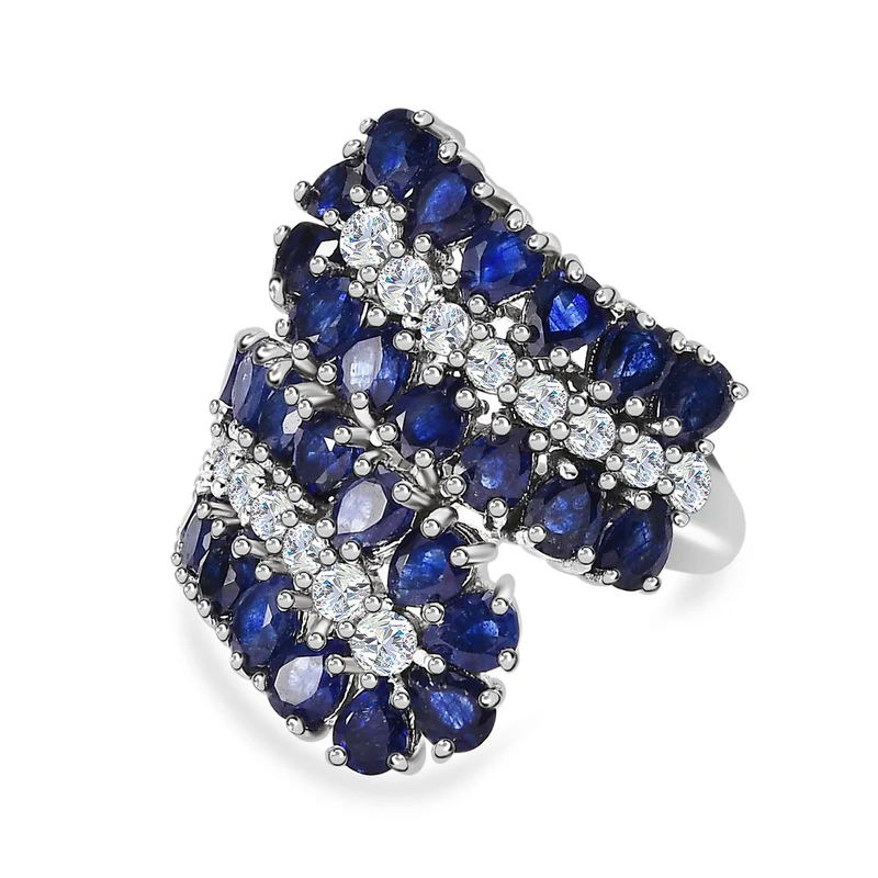 Masoala Saphir (Fissure gefüllt), weißer Zirkon Ring, 925 Silber platiniert, ca. 6.75 ct