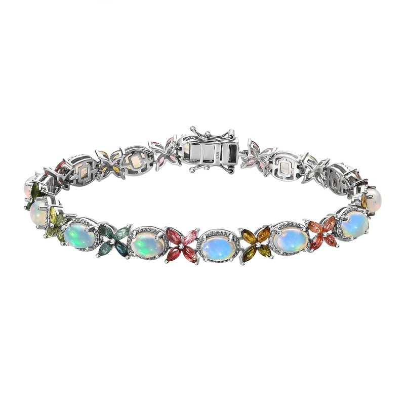 Natürliches, äthiopisches Welo Opal, mehrfarbiges Turmalin Armband, ca. 19 cm, 925 Silber platiniert ca. 11.70 ct