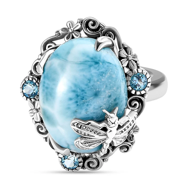 Larimar, blauer Topas Ring, 925 Silber platiniert ca. 11.00 ct