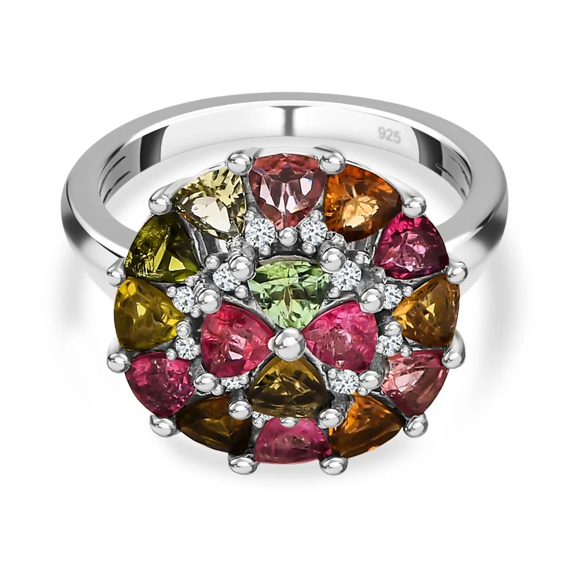 Natürlicher mehrfarbiger Turmalin und weißer Zirkon Ring, 925 Silber platiniert ca. 2.48 ct