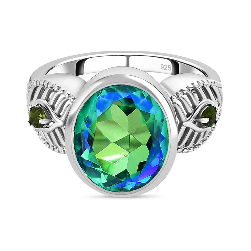 Pfau Triplette Quarz, Natürlicher Chromdiopsid Ring, 925 Silber platiniert ca. 5.20 ct