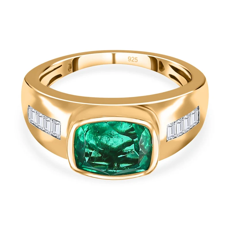Smaragd-Quarz-Triplette, weißer Zirkon Ring, 925 Silber Gelbgold Vermeil ca. 2.88 ct