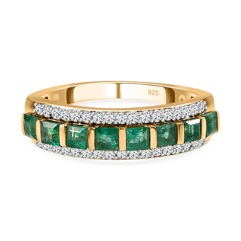 AAA Kagem Sambischer Smaragd, weißer Zirkon Ring, 925 Silber Gelbgold Vermeil ca. 1.11 ct