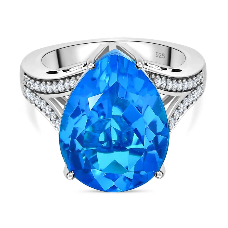Karibik Quarz, weißer Zirkon Ring, 925 Silber platiniert, ca. 9.43 ct
