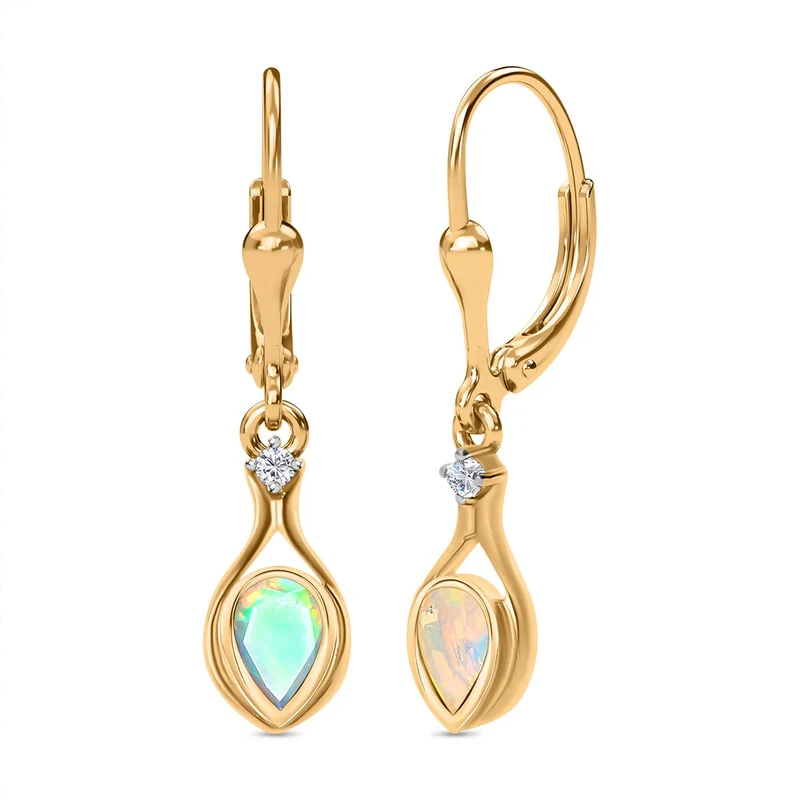 Natürlicher, äthiopischer Welo Opal, weißer Zirkon Ohrringe, 925 Silber Gelbgold Vermeil ca. 0.60 ct