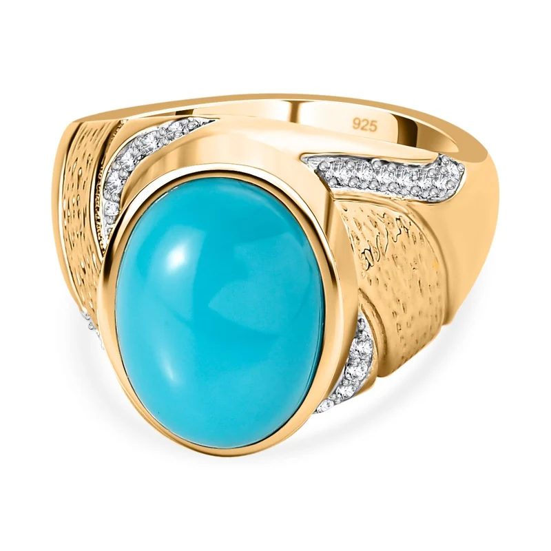 Amerikanischer Sleeping Beauty Türkis, weißer Zirkon Ring, 925 Silber Gelbgold Vermeil ca. 5.16 ct