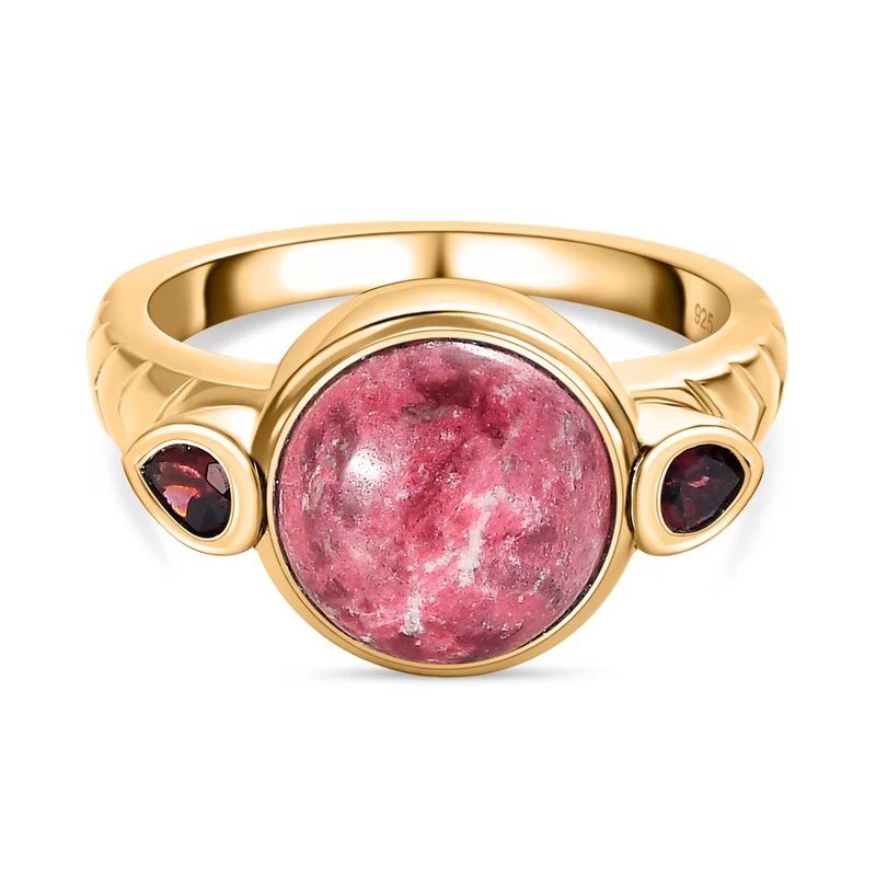 Norwegischer Thulit, Rhodolith Granat Ring, 925 Silber vergoldet, ca. 5.63 ct