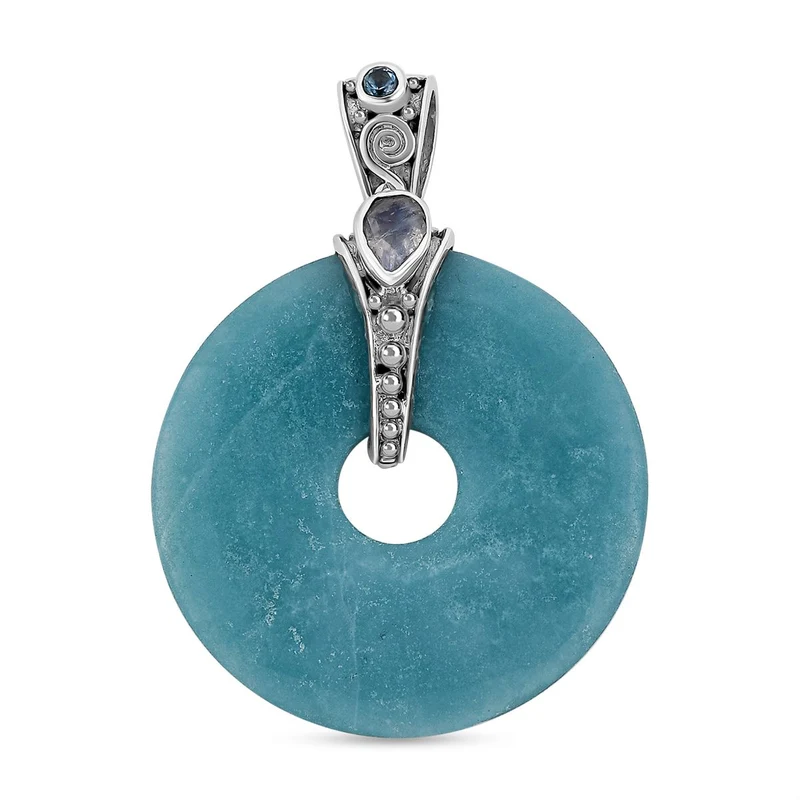 Sajen Silber - Amazonit, Regenbogen Mondstein Anhänger 925 Silber ca. 49.67 ct