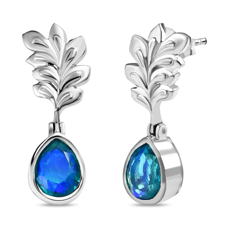 Paraiba Pfau Quarz Triplette, Weiße Zirkon Ohrringe, 925 Silber platiniert ca. 5.42 ct