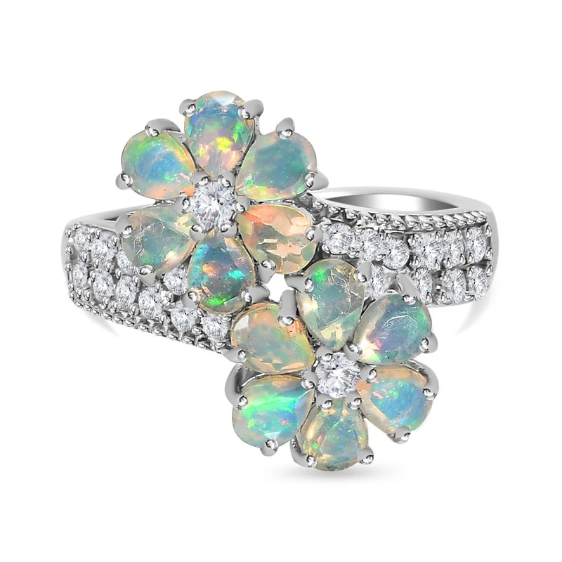 Natürlicher, äthiopischer Welo Opal, weißer Zirkon Ring, 925 Silber platiniert ca. 2.00 ct