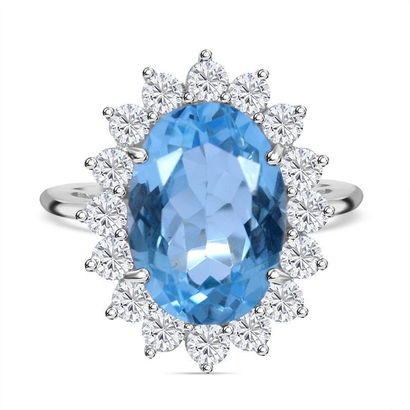 Himmelblauer Topas, weißer Zirkon Ring, 925 Silber rhodiniert ca. 9.68 ct