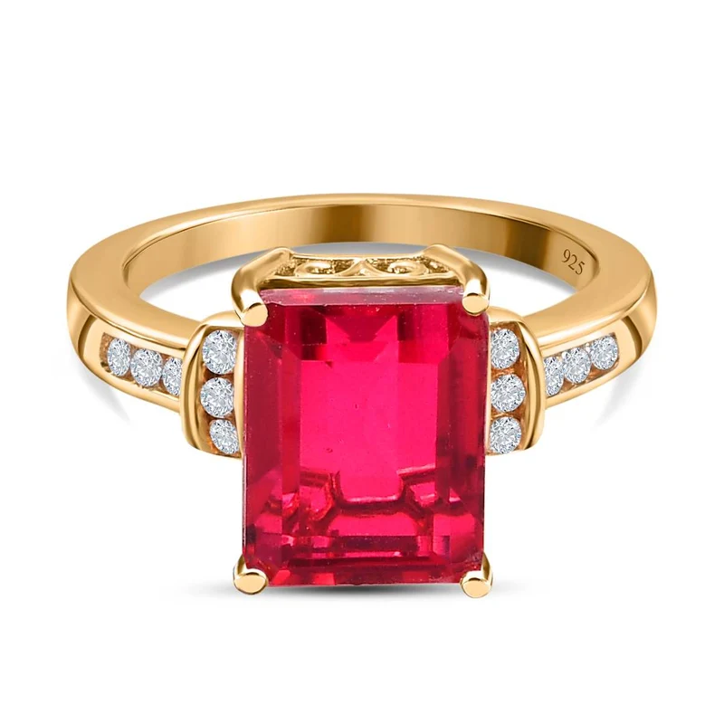 Magenta Rosa Quarz Triplette, weißer Zirkon Ring, 925 Silber vergoldet ca. 4.26 ct