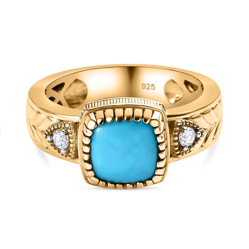 Amerikanischer, natürlicher Sleeping Beauty Türkis, weißer Zirkon Ring, 925 Silber Gelbgold Vermeil ca. 1.57 ct