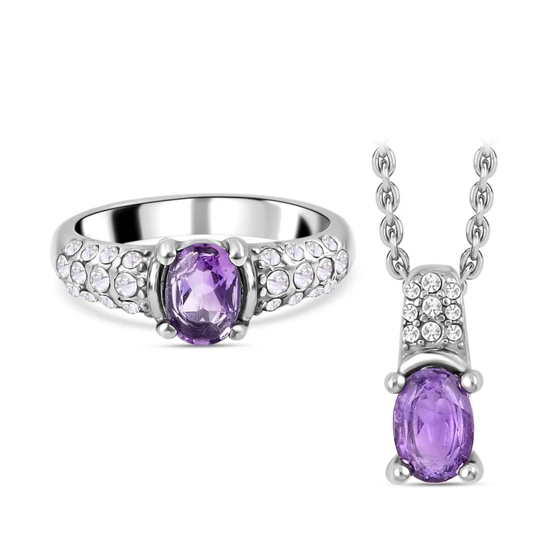 3er Set Afrikanischer Amethyst Anhänger mit Kette und Ring, Edelstahl, ca. 0.60 ct